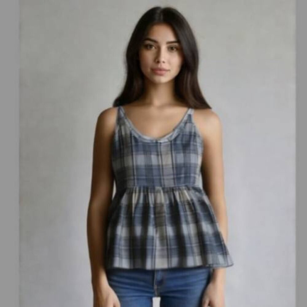 Rue21 Women's Blue Plaid Rayon Spaghetti  Babydoll Tank Top, size M NWT